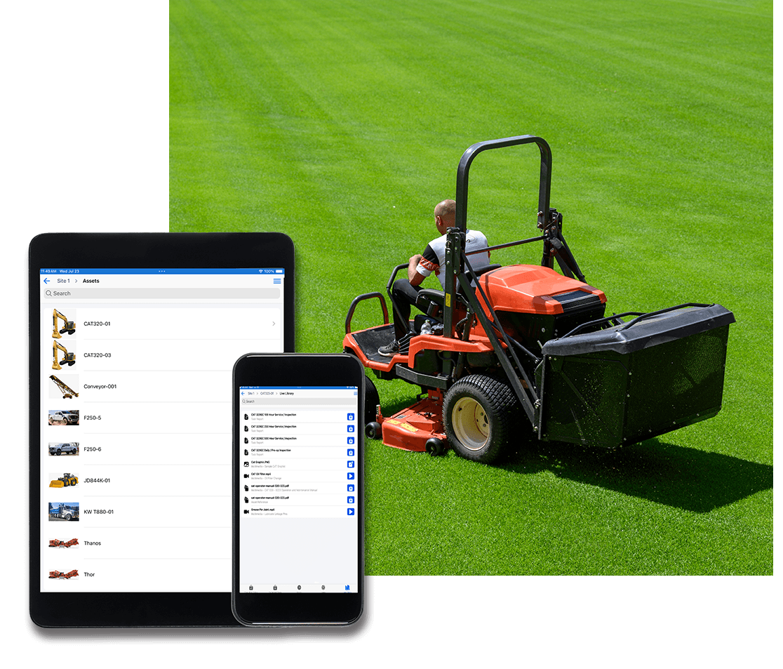 Technician using OptiAM on a tablet beside a commercial mower