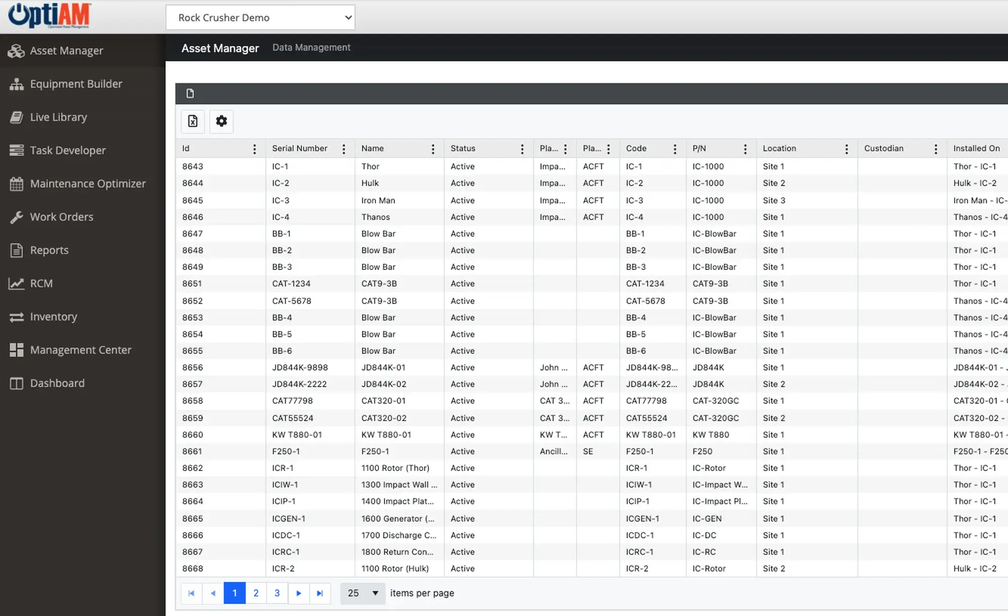 optiam-asset-manager-equipment-registry OptiAM Asset Manager equipment registry listing impact crushers, blow bars, rotors, excavators and haul trucks with serial number, status, location, installed on, position and install date