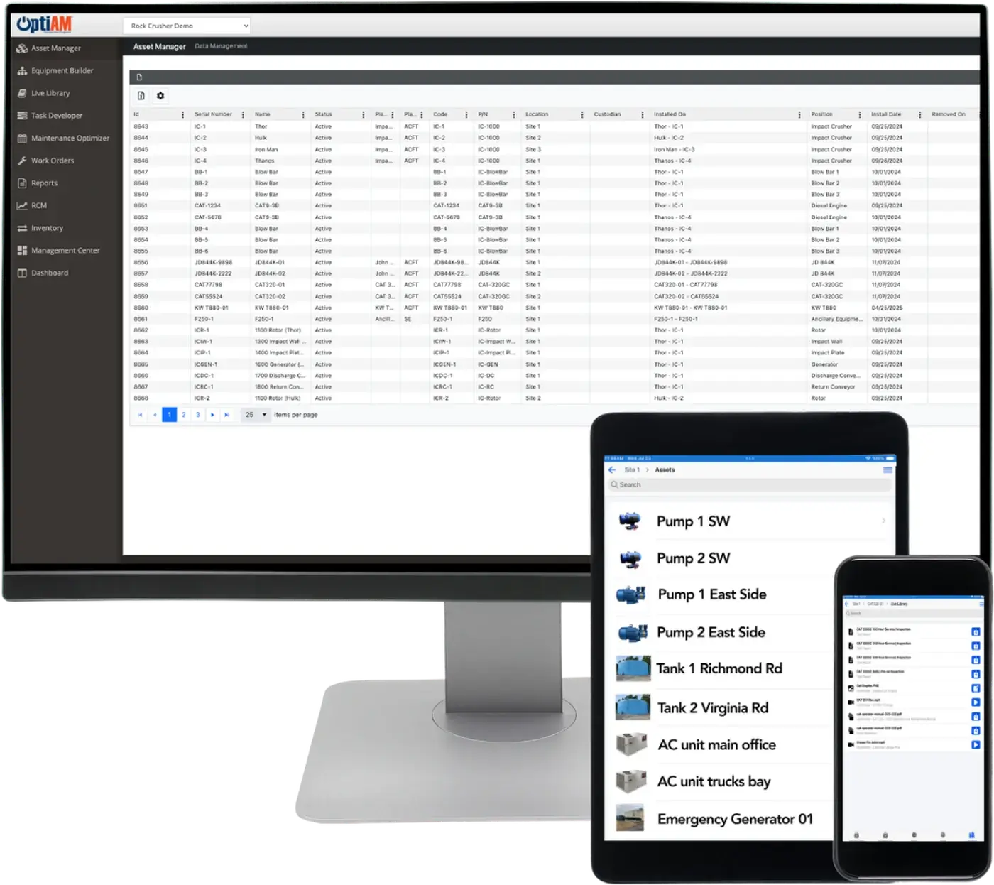 OptiAM Asset Manager equipment registry on a desktop monitor, the asset list showing pumps, tanks, AC units and an emergency generator on a tablet, and Live Library documents on a phone