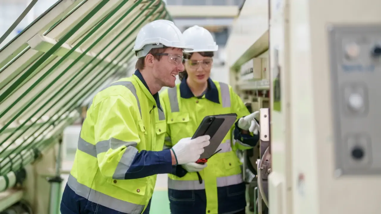 Two facilities technicians in hard hats and high-visibility gear reviewing inspection records on a tablet at an electrical panel