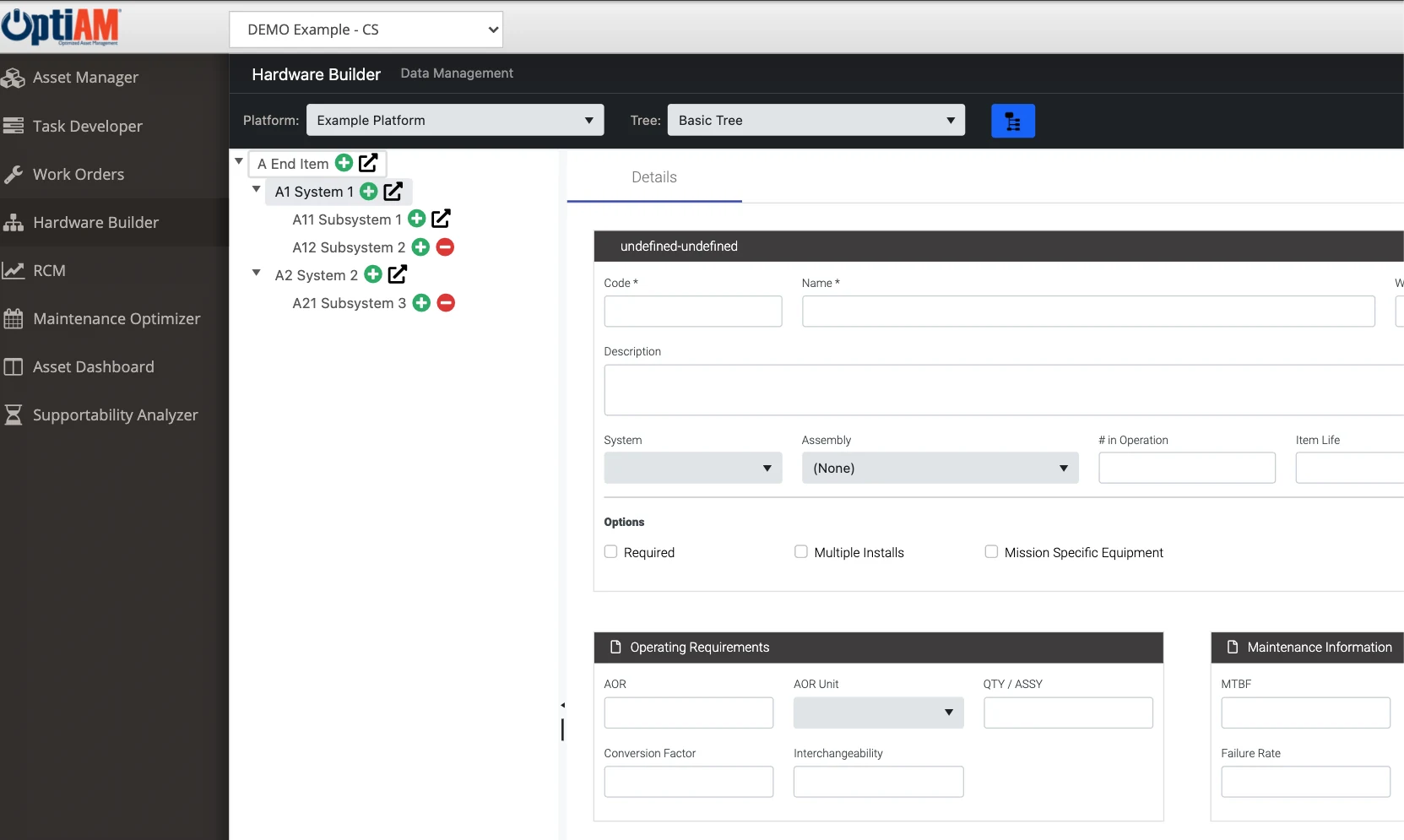 hb-hero-v1 OptiAM Hardware Builder showing an equipment tree of systems and subsystems beside the details form for the selected node
