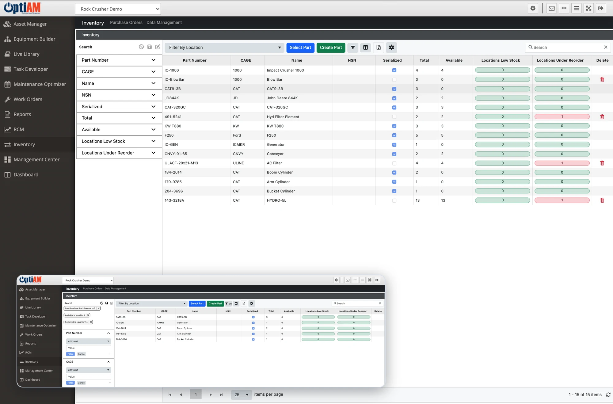 OptiAM Inventory Manager parts list with totals, availability and locations under reorder point, plus a filtered view of serialized parts with zero available