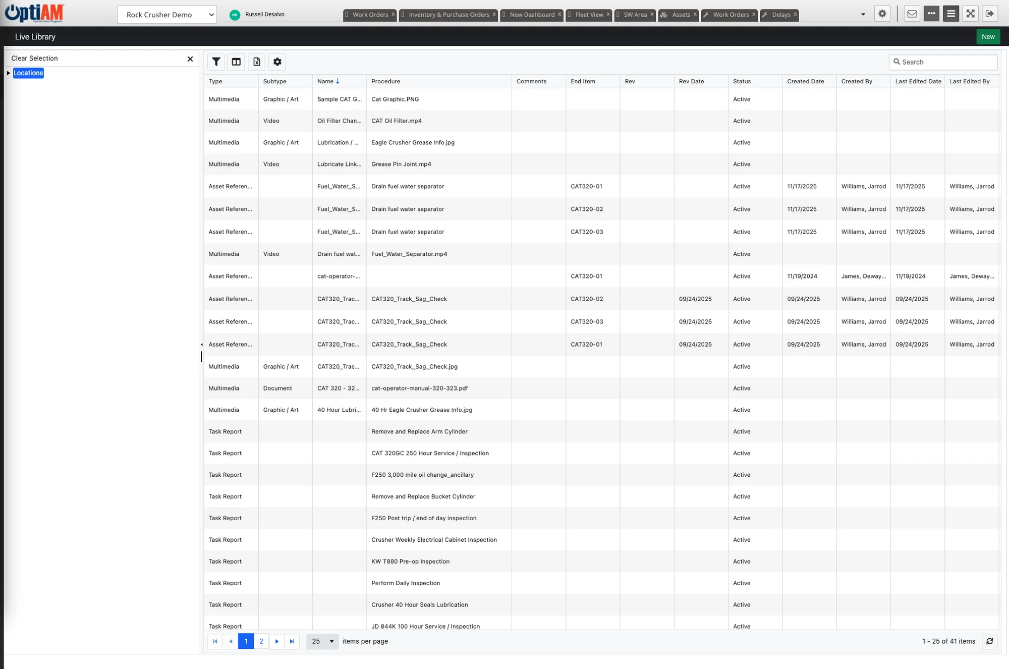 live-library-document-library OptiAM Live Library showing the searchable document library with manuals, videos and task reports associated to individual assets