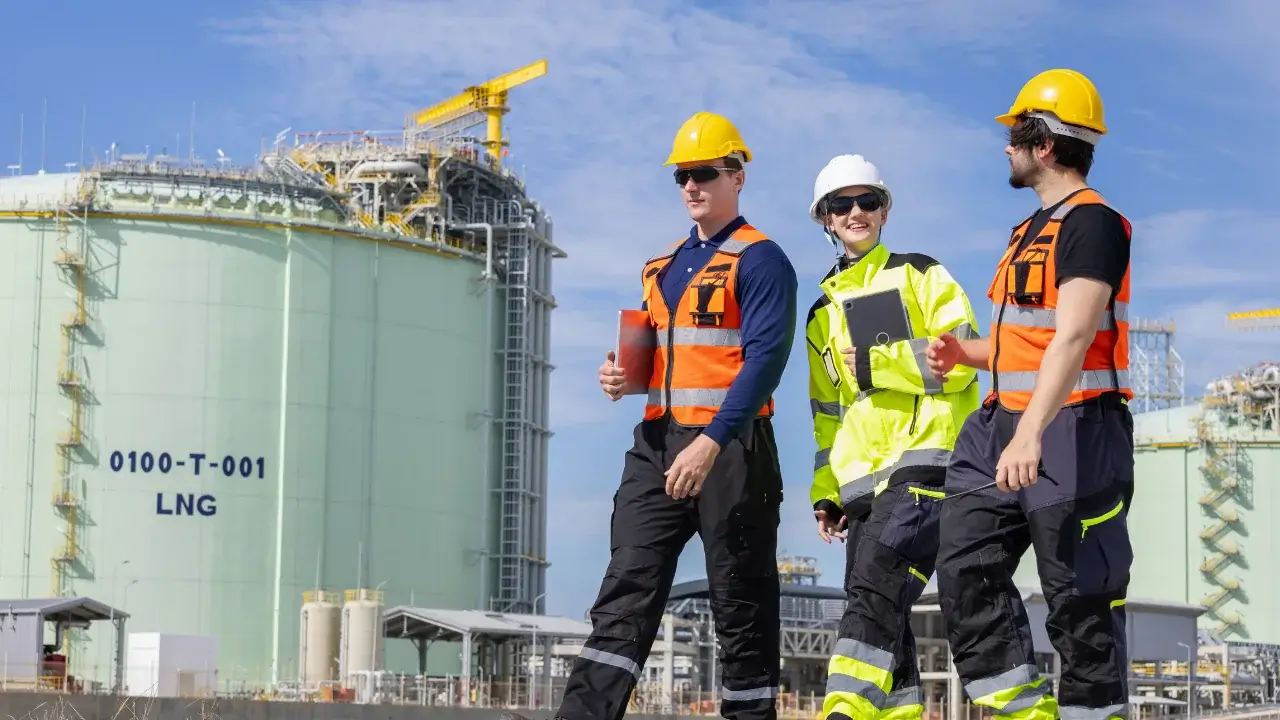 Three utility workers in hard hats and high-visibility gear reviewing inspection records on a tablet in front of an LNG storage tank