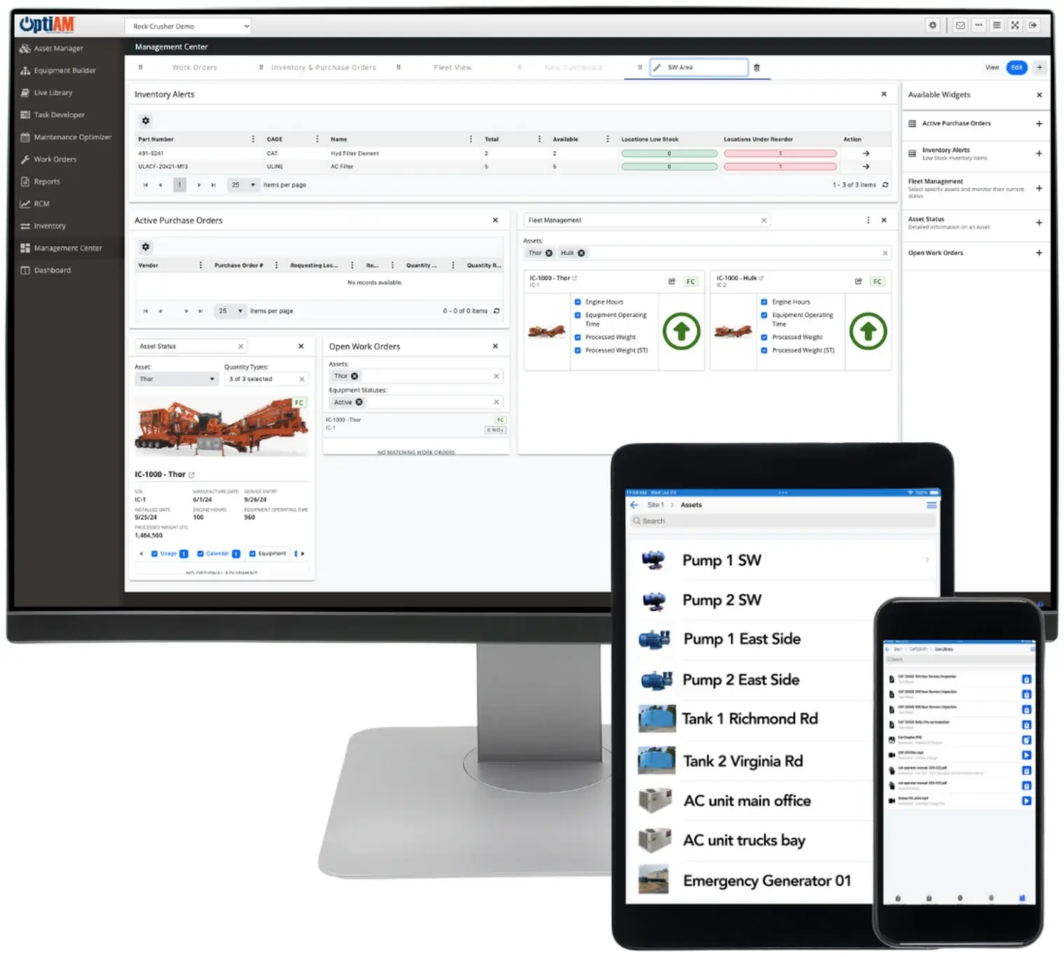 OptiAM screen showing live maintenance and inventory status across a site