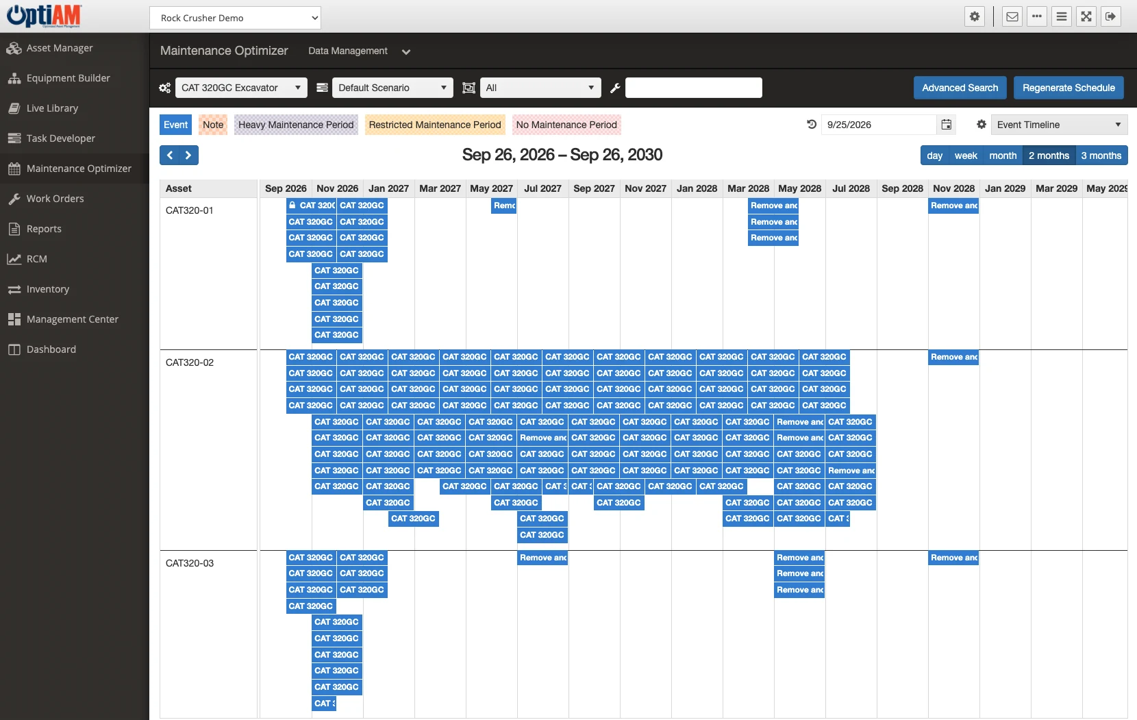 mo-hero-v1 OptiAM Maintenance Optimizer event timeline showing scheduled maintenance for three CAT 320GC excavators over four years