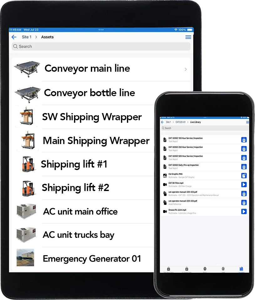 OptiAM GO mobile app on a tablet showing the asset list with photos, and on a phone showing Live Library documents for an asset