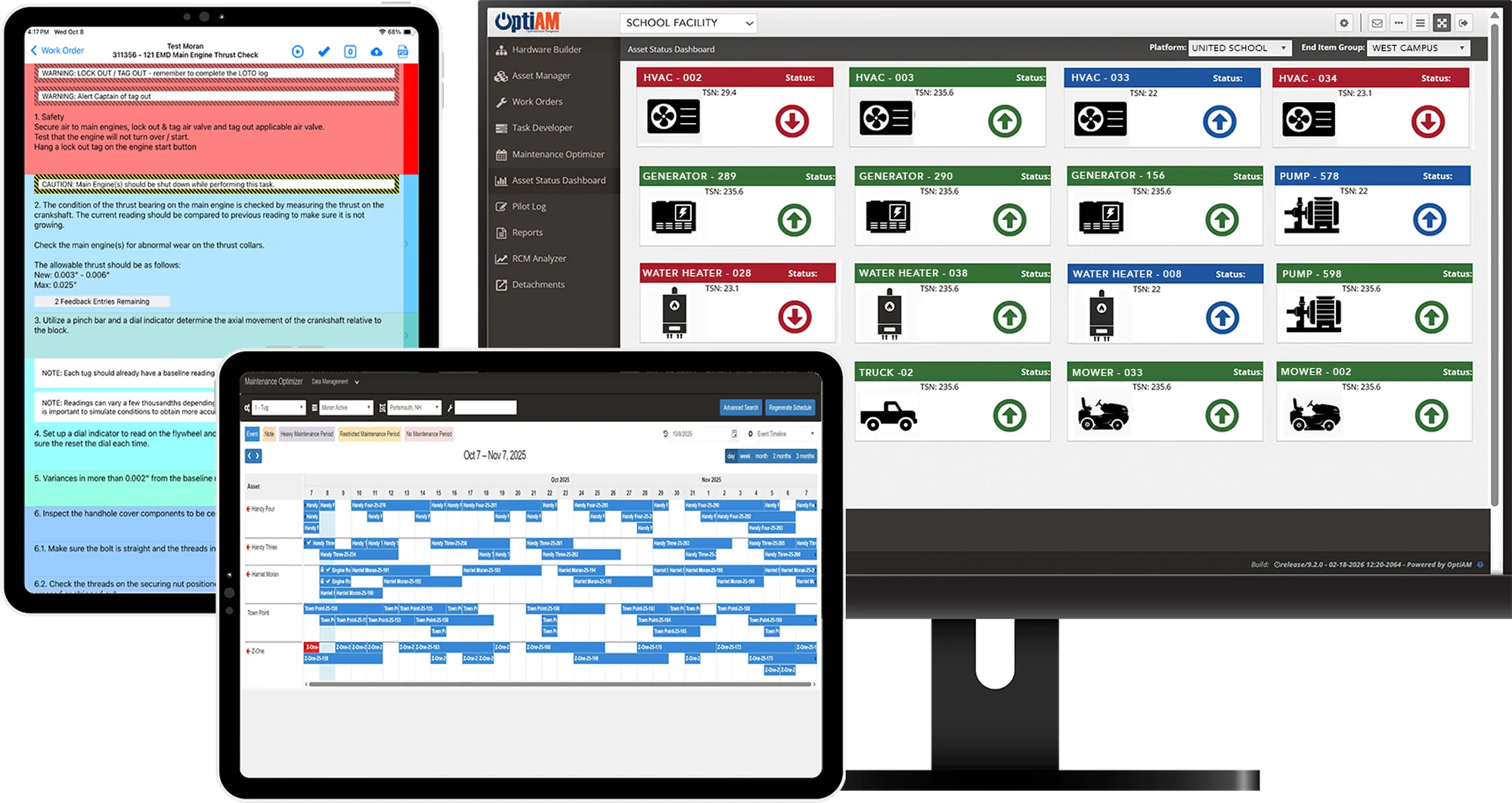 optiam-management-center-sw-area-dashboard OptiAM asset status dashboard on a monitor, a maintenance schedule on a tablet and a work order with lockout tagout steps on a phone