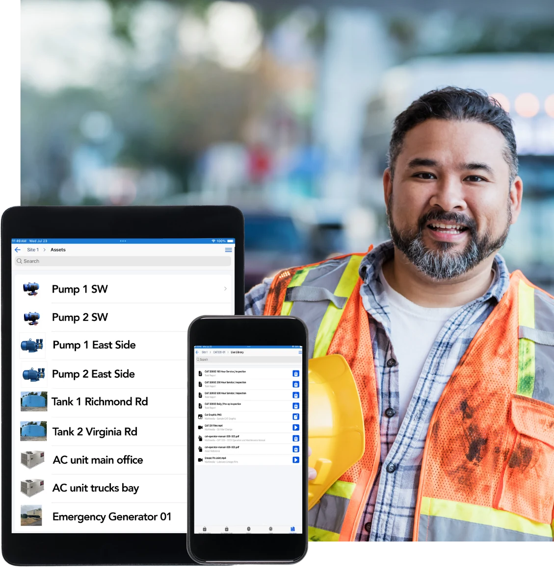 Public works technician with OptiAM GO open on a tablet showing a site asset list and on a phone showing equipment manuals and inspection tasks