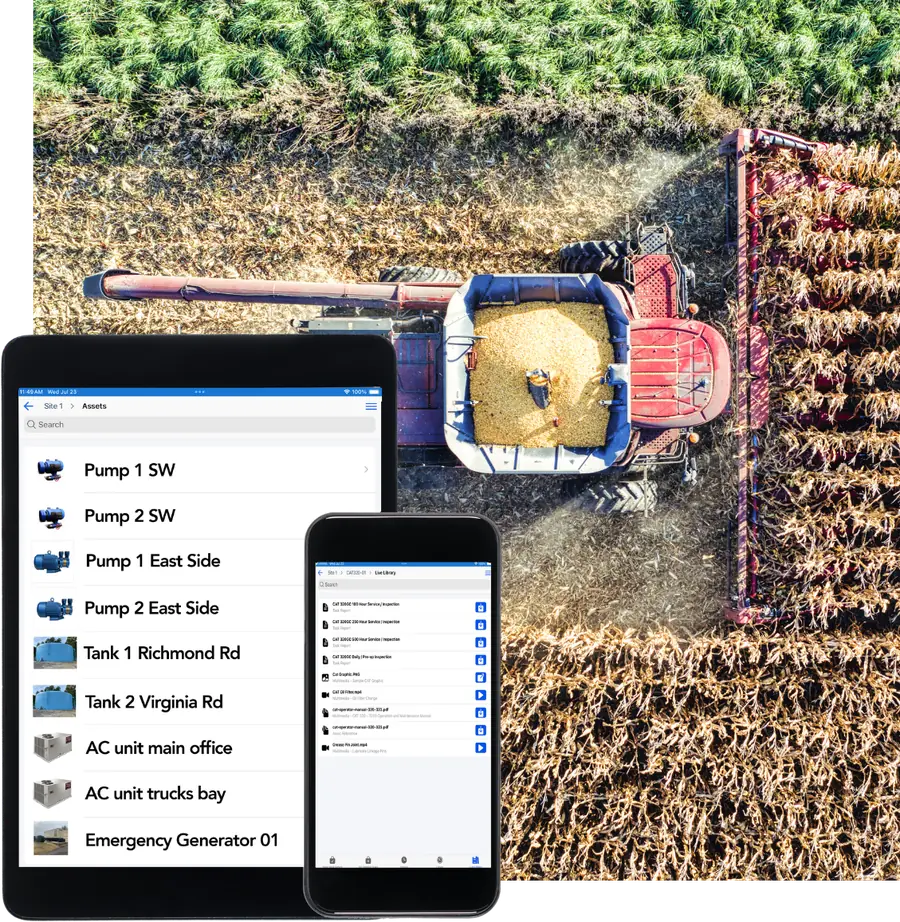 OptiAM GO on a tablet and phone showing an equipment list and service records, over a combine harvesting corn