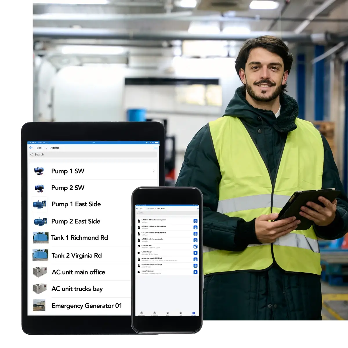 OptiAM GO mobile app showing a facilities asset list with pumps, water tanks, rooftop AC units and an emergency generator, plus Live Library documents, beside a technician holding a tablet