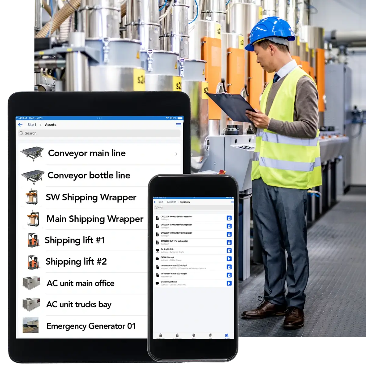 OptiAM GO mobile app showing a food and beverage plant asset list with conveyors, wrappers and lifts, plus Live Library documents, beside a technician inspecting processing equipment