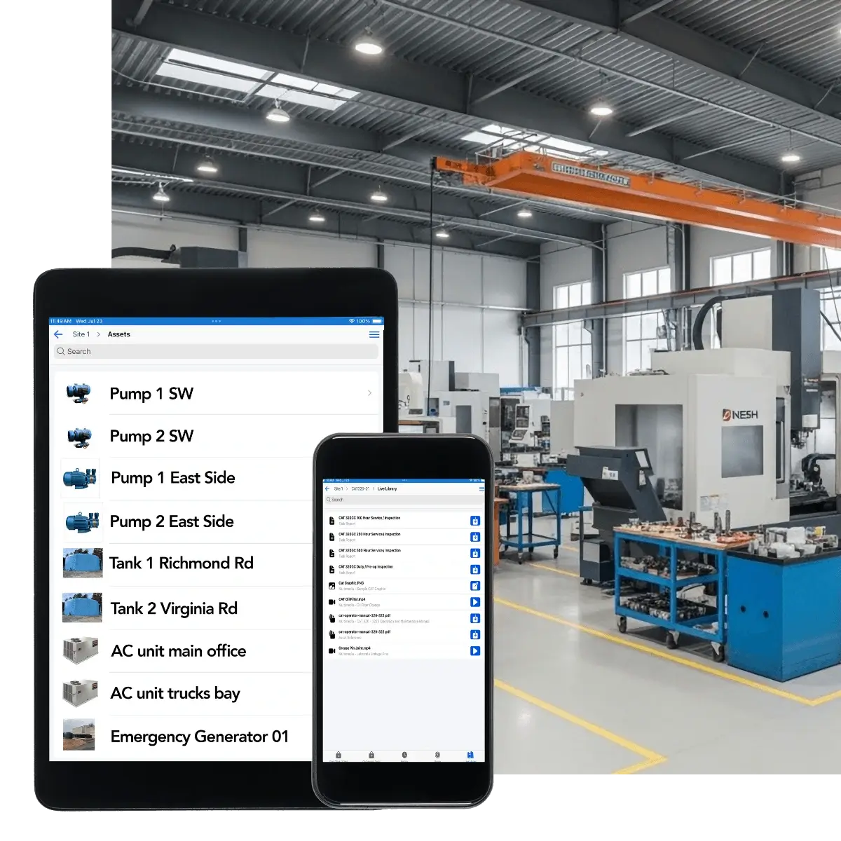 OptiAM GO mobile app showing plant asset list and Live Library documents on a manufacturing floor