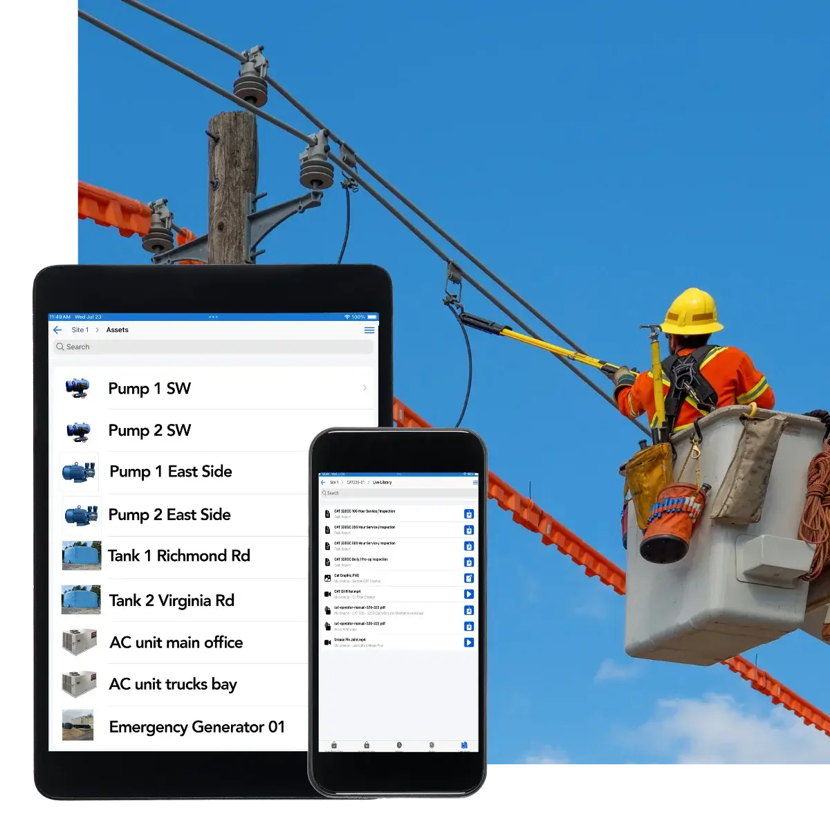 OptiAM GO mobile app showing a utility asset list and Live Library documents, with a lineman working on overhead power lines