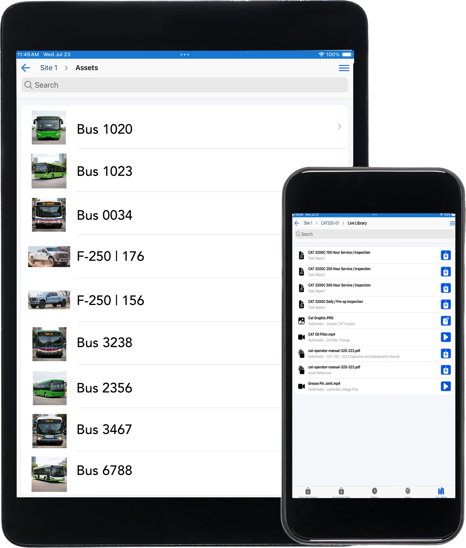 OptiAM GO on a tablet and phone showing a fleet unit list and service history, over a truck up on a shop lift