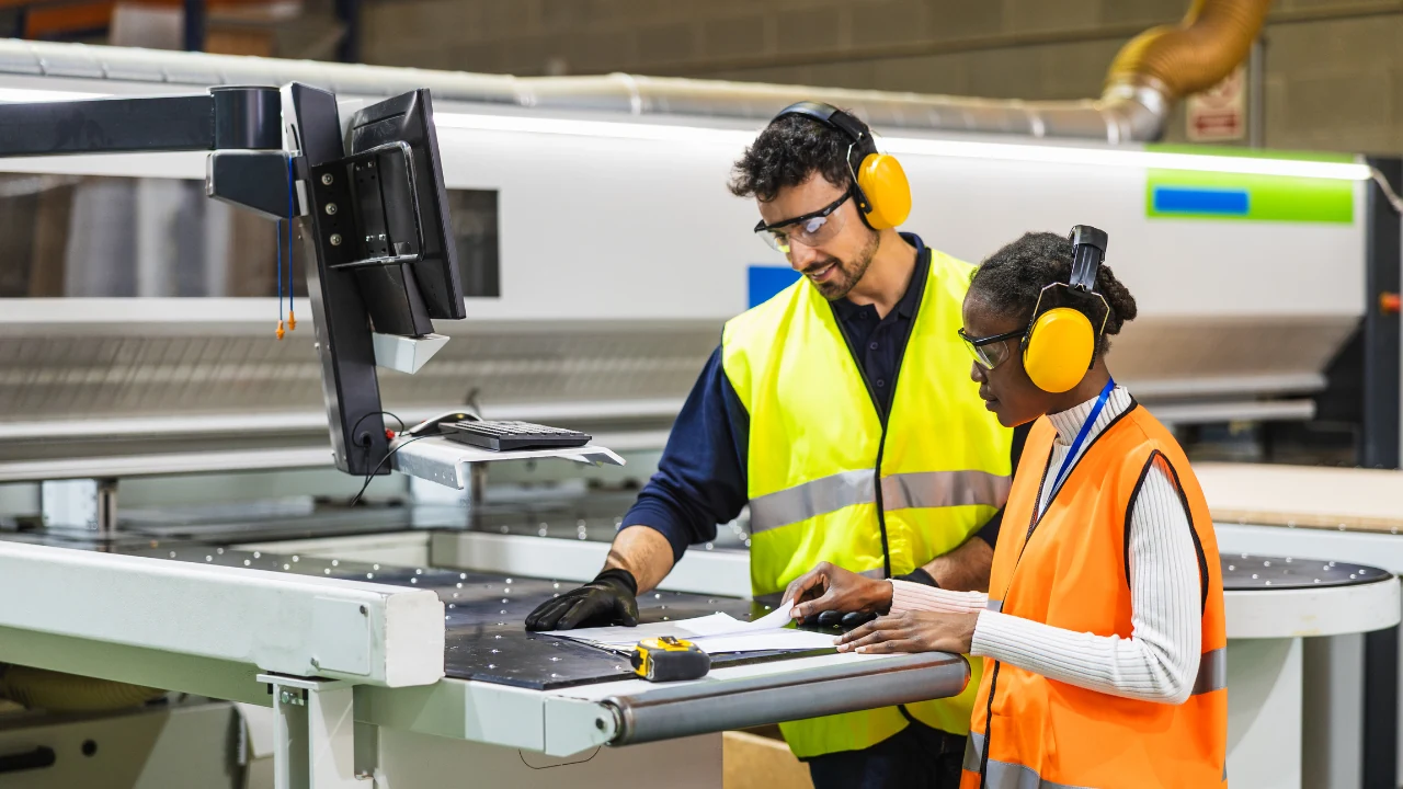 Two maintenance technicians in hearing protection and hi-vis vests reviewing a written procedure at a machine workstation