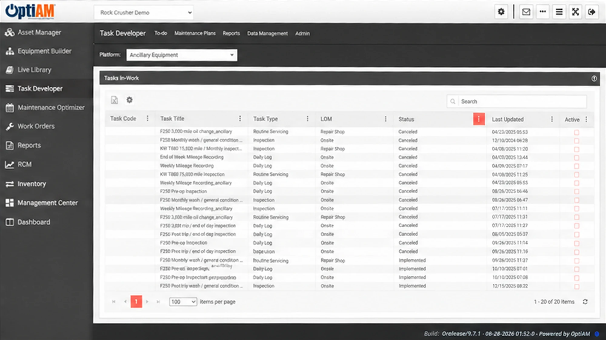 OptiAM Task Developer showing the Tasks In-Work list with task type, location of maintenance, status and last updated date