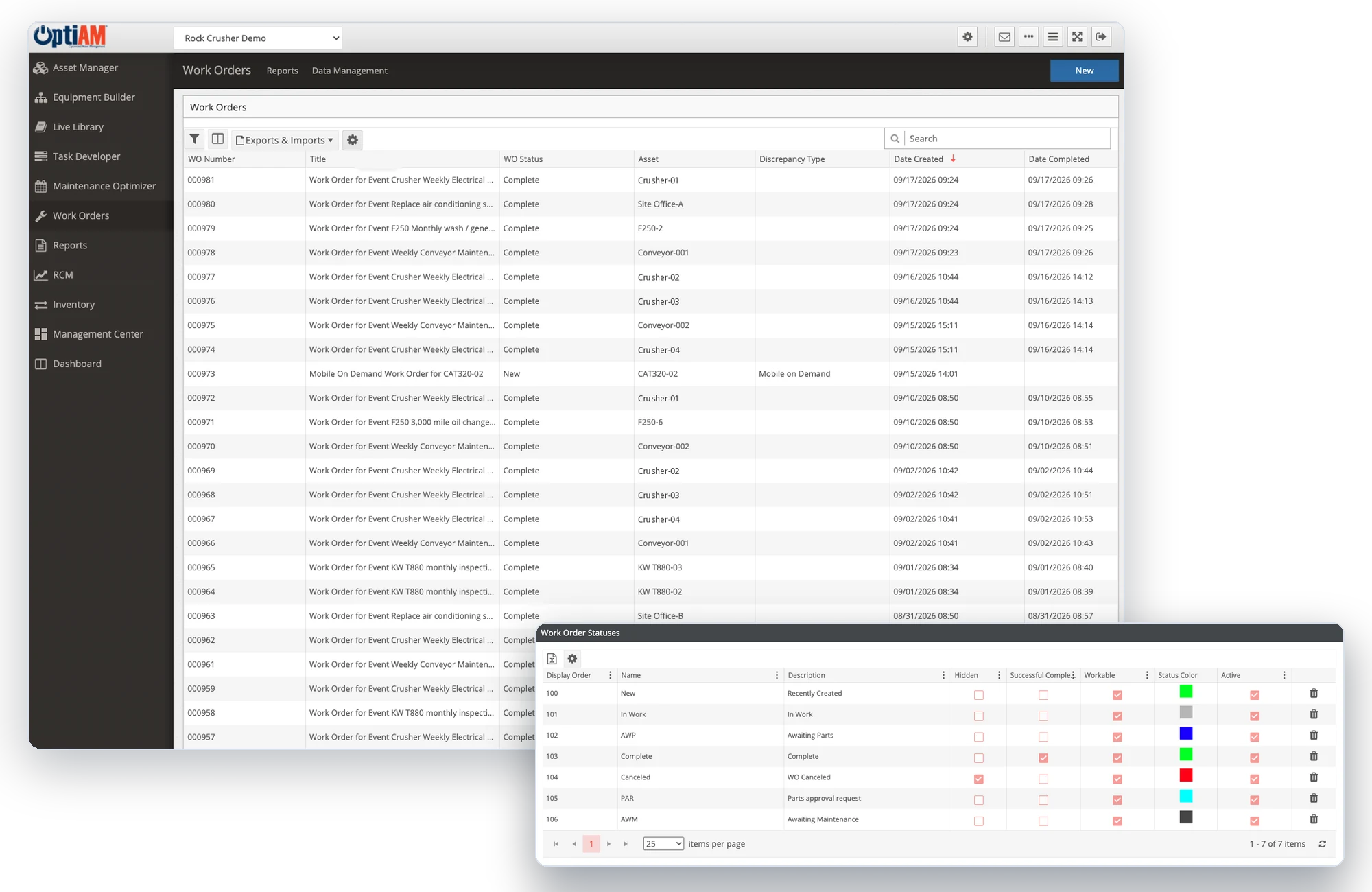OptiAM Work Order Manager showing the work order list with status, asset and completion dates, and the configurable work order status list